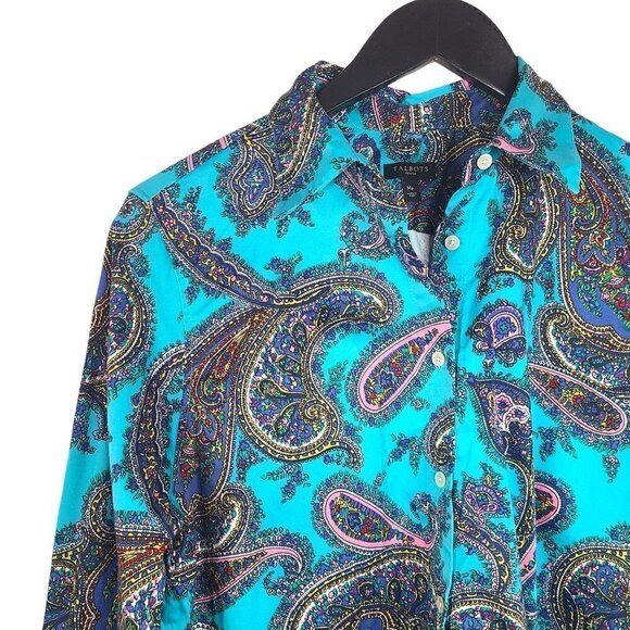 Talbots Turquoise Black Paisley Button up Long Sleeve Blouse - Picture 4 of 7